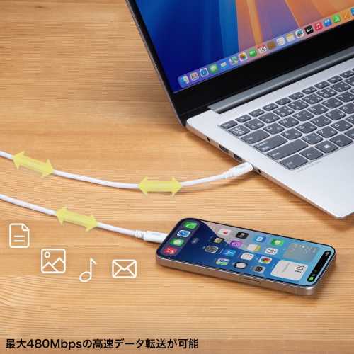 Type-Cケーブル（USB2.0・480Mbps・最大PD60W・USB-IF認証品・約3m・ホワイト）