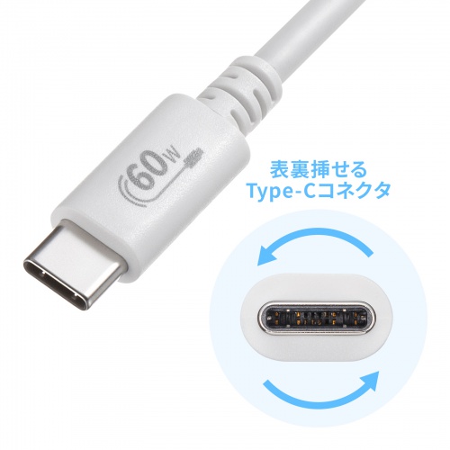 Type-Cケーブル（USB2.0・480Mbps・最大PD60W・USB-IF認証品・約3m・ホワイト）