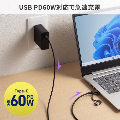 USB Type-Cケーブル（USB A変換・2in1・PD60W・シリコンケーブル・USB2.0対応・480Mbps・1m・ブラック）
