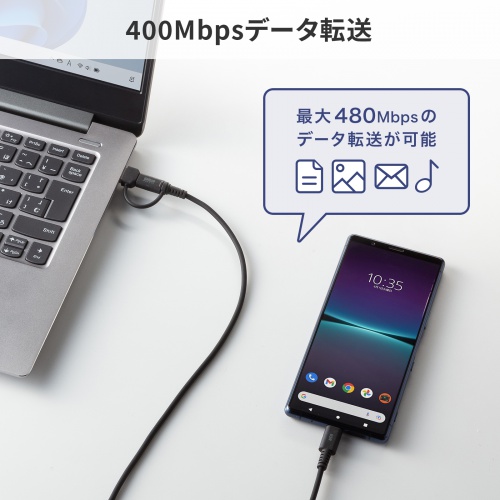 USB Type-Cケーブル（USB A変換・2in1・PD60W・シリコンケーブル・USB2.0対応・480Mbps・1m・ブラック）