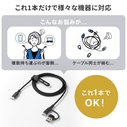 USB Type-Cケーブル（USB A変換・2in1・PD60W・シリコンケーブル・USB2.0対応・480Mbps・1m・ブラック）