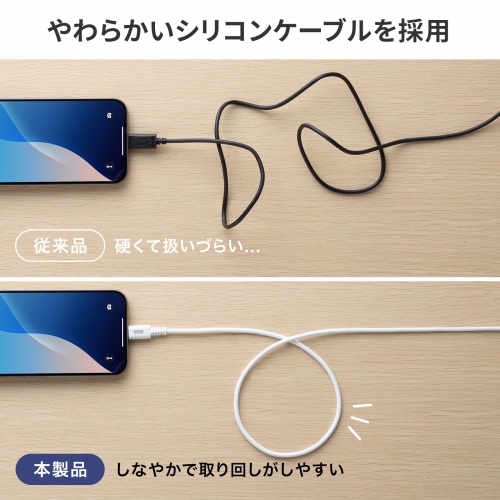 USB Type-Cケーブル（USB A変換・2in1・PD60W・シリコンケーブル・USB2.0対応・480Mbps・1m・ホワイト）