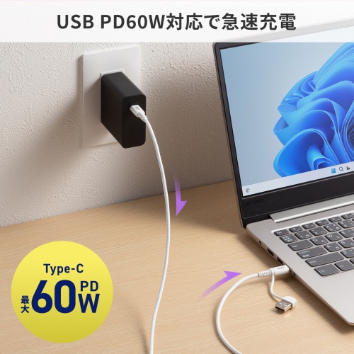 USB Type-Cケーブル（USB A変換・2in1・PD60W・シリコンケーブル・USB2.0対応・480Mbps・1m・ホワイト）