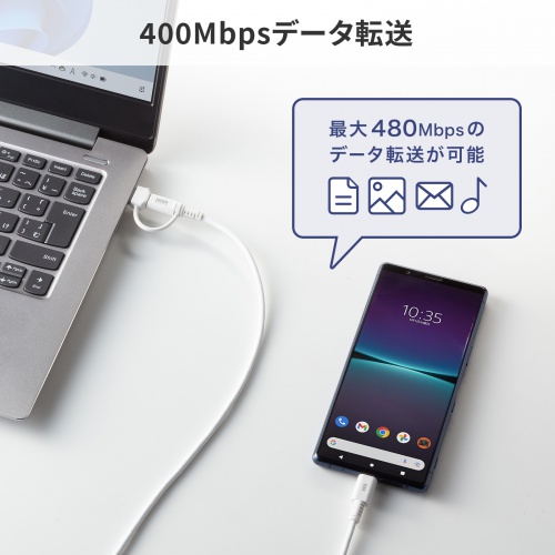 USB Type-Cケーブル（USB A変換・2in1・PD60W・シリコンケーブル・USB2.0対応・480Mbps・1m・ホワイト）