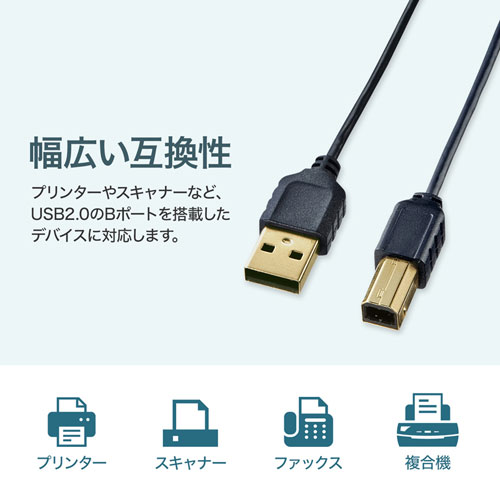 取り回しがしやすい極細USBケーブル。極細USBケーブル（USB2.0　A-Bタイプ、2m・ブラック） KU20-SL20BK サンワサプライ
