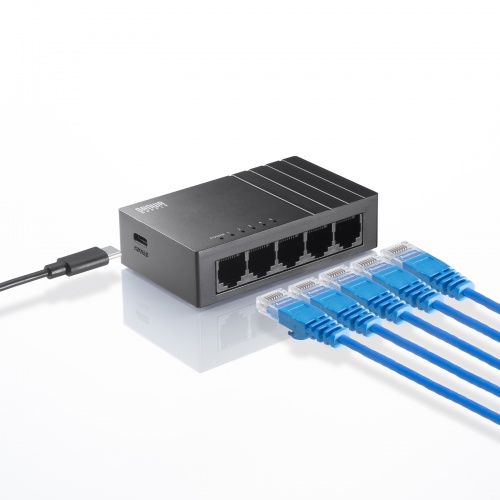 スイッチングハブ（ギガビット・5ポート・Type-C給電・ループ検知機能・AUTO-MDIX機能・静音ファンレス・静音・壁掛け対応・プラスチック筐体）