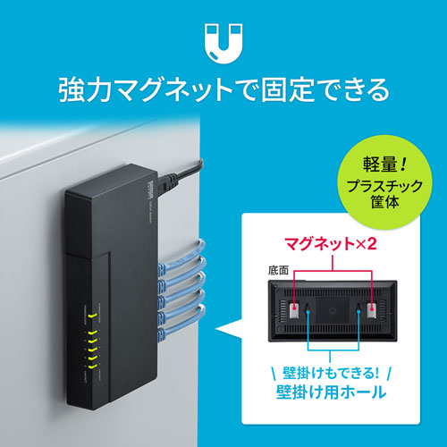 スイッチングハブ(5ポート・ギガビット・ループ検知機能・マグネット付き・電源内蔵) LAN-GIGAP502BK サンワサプライ
