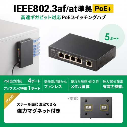 スイッチングハブ（PoE給電・ギガビット・メタル筐体・5ポート・PoE＋・IEEE・802.3af/at・ファンレス 静音・マグネット付き・全ポート合計60W）