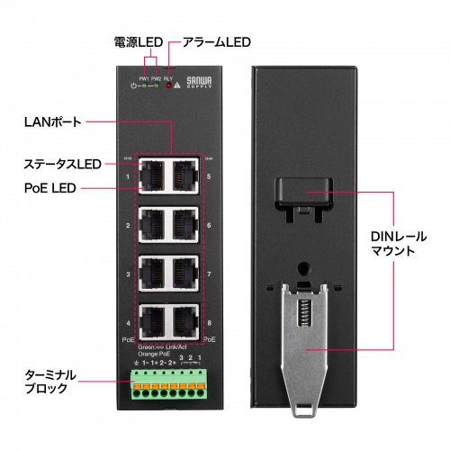 スイッチングハブ（産業用・ギガ・POE・最大90W・高耐久・8ポート・EMS