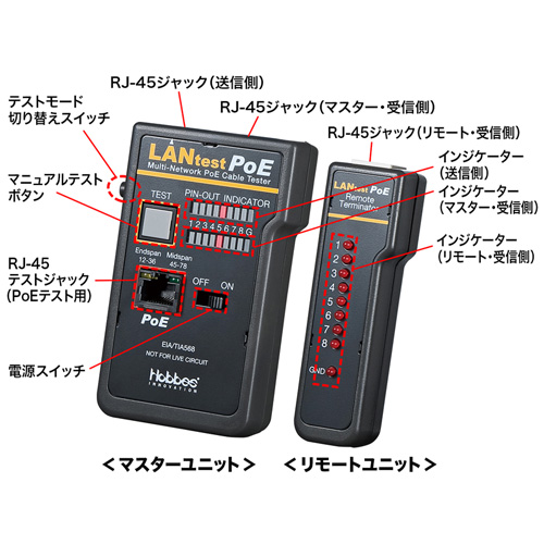 LANチェッカー(ケーブルテスター・RJ-45・RJ-11・子機・PoE対応・電池式・おすすめ)　LAN-TST5　サンワサプライ