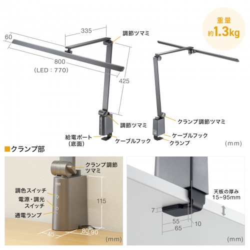 デスクライト（LEDデスクライト・クランプ・ライトスタンド・コンセント・900ルーメン・調光・3関節・おすすめ・おしゃれ・目に優しい・ガンメタリック） LED-DESK2GM サンワサプライ