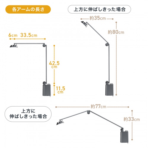 デスクライト（LEDデスクライト・クランプ・ライトスタンド・コンセント・900ルーメン・調光・3関節・おすすめ・おしゃれ・目に優しい・ガンメタリック） LED-DESK2GM サンワサプライ