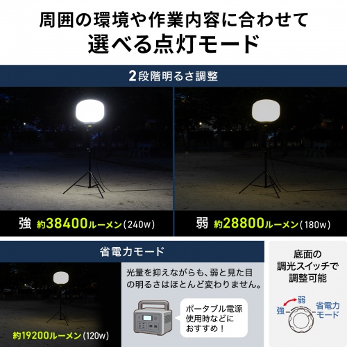 LEDバルーンライト（消費電力240W・38400lm・高さ調整可能・屋外対応・工事現場・カバー2種類・ケーブル長5m）