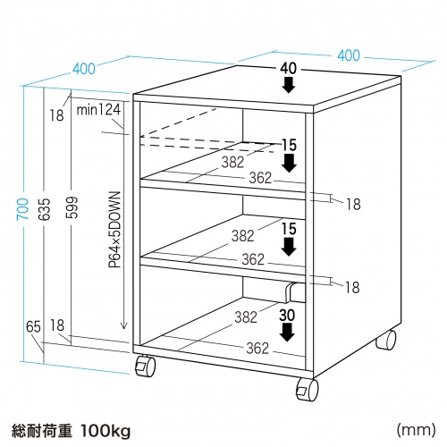 プリンタ台（プリンタラック・キャスター・ボックス・高さ70cm・幅40cm・奥行40cm・A4・耐荷重100kg）