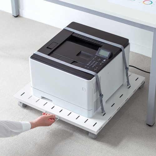 プリンタ台（ロータイプ・床置き・キャスター付・スチール製・幅60cm×奥行き60cm・ホワイト）