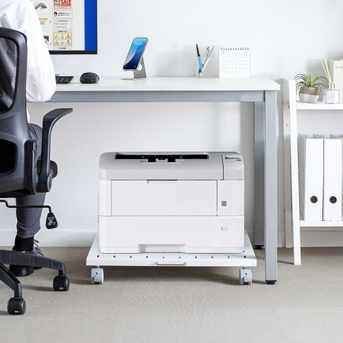 プリンタ台（ロータイプ・床置き・キャスター付・スチール製・幅60cm×奥行き60cm・ホワイト）