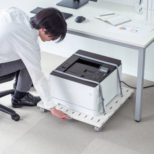 プリンタ台（ロータイプ・床置き・キャスター付・スチール製・幅60cm×奥行き60cm・ホワイト）