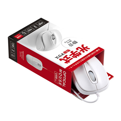 静音有線マウス（ケーブル接続・光学センサー・3ボタン・左右対称・中型・ホワイト・ サンワサプライ）