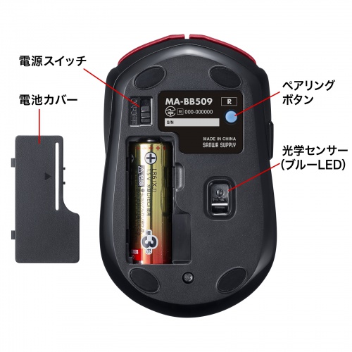 ワイヤレスマウス(Bluetooth・おすすめ・おしゃれ・人気・5ボタン・電池式・レッド） MA-BB509R サンワサプライ
