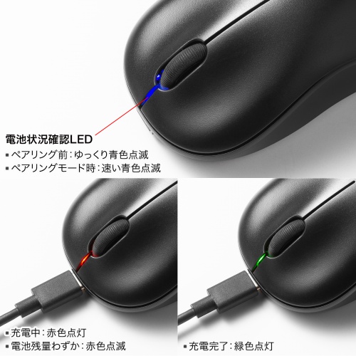 Bluetoothマウス（Type-C・充電式・3ボタン・軽量・バッテリー式・ワイヤレス・無線・紙箱・スタンダード・ブラック）
