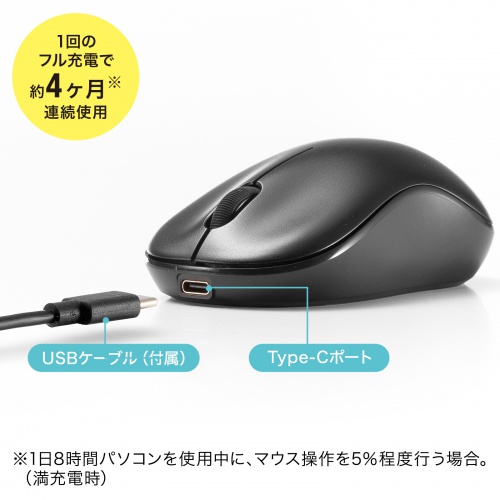 Bluetoothマウス（Type-C・充電式・3ボタン・軽量・バッテリー式・ワイヤレス・無線・紙箱・スタンダード・ブラック）