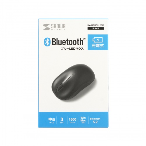 Bluetoothマウス（Type-C・充電式・3ボタン・軽量・バッテリー式・ワイヤレス・無線・紙箱・スタンダード・ブラック）