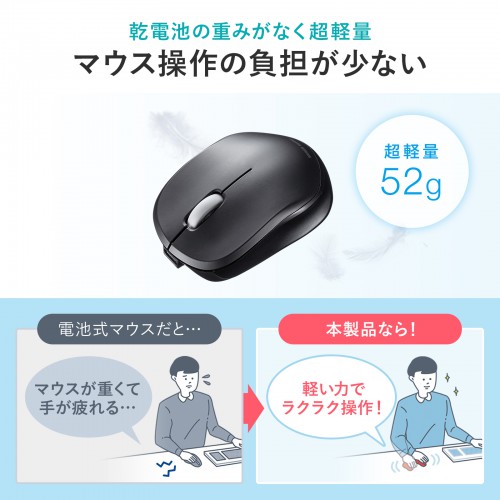 ワイヤレスマウス(Bluetooth・充電式・おすすめ・おしゃれ・人気・ブルーLED・静音・超軽量・3ボタン・ブラック）MA-BBS308BK サンワサプライ