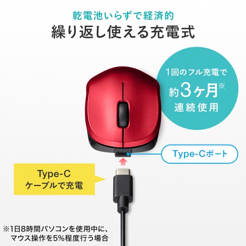 ワイヤレスマウス(Bluetooth・充電式・おすすめ・おしゃれ・人気・ブルーLED・静音・超軽量・3ボタン・レッド）MA-BBS308R サンワサプライ