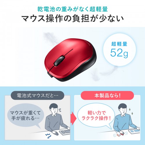 ワイヤレスマウス(Bluetooth・充電式・おすすめ・おしゃれ・人気・ブルーLED・静音・超軽量・3ボタン・レッド）MA-BBS308R サンワサプライ
