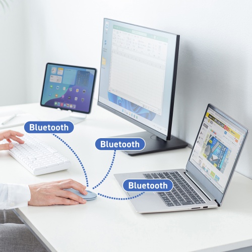 Bluetoothマウス（薄型・3ボタン・静音・かわいい・3台マルチペアリング・乾電池式・ワイヤレス・無線・くすみカラー・ブルー）