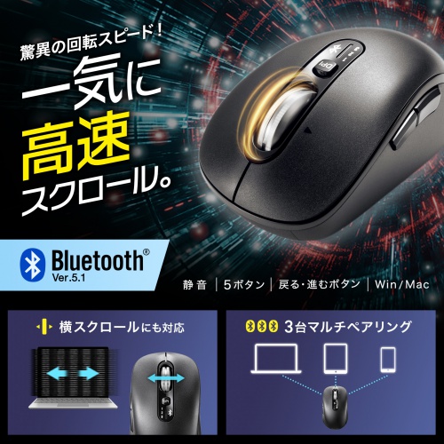 ワイヤレスマウス（チルトホイール・高速スクロール・Bluetooth・無線・静音・5ボタン・ブルーLED・マルチペアリング・カウント切り替え・左右スクロール・Mac対応・戻る・進む）