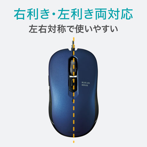 有線マウス(ケーブル接続・ブルーLED・5ボタン・DPI切替・ラバー塗装・左右対称・中型・ブルー・サンワサプライ)