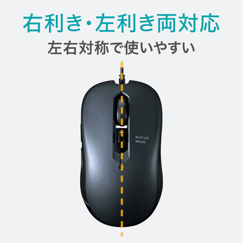 有線マウス(ケーブル接続・ブルーLED・5ボタン・DPI切替・ラバー塗装・左右対称・中型・ガンメタ・サンワサプライ)