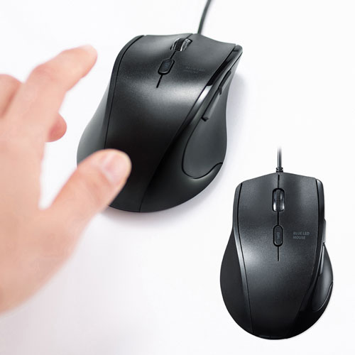 有線マウス(USB接続・左利き用・ブルーLED・静音・5ボタン・ブラック)