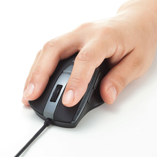 マウス（静音・有線・USB接続・ブルーLED・5ボタン・中型・ブラック）