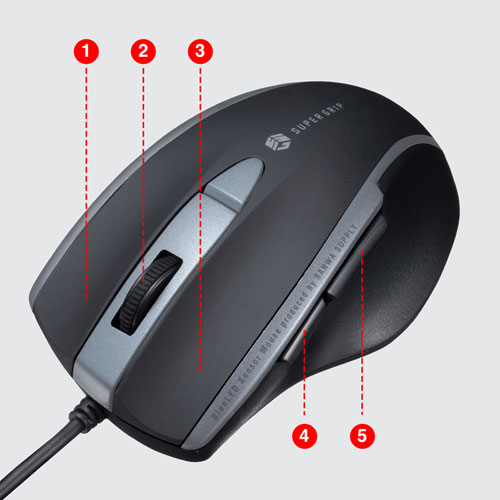 マウス（静音・有線・USB接続・ブルーLED・5ボタン・中型・ブラック）