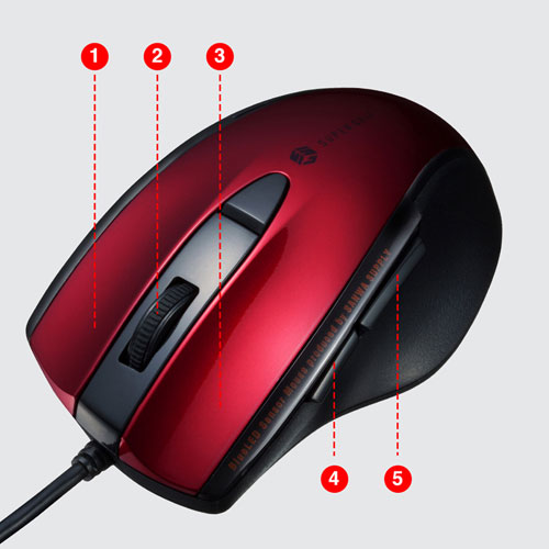 マウス（静音・有線・ブルーLED・5ボタン・中型・レッド）