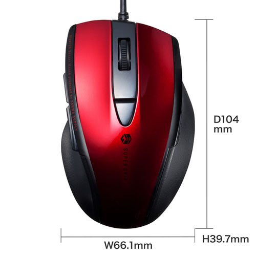 マウス（静音・有線・ブルーLED・5ボタン・中型・レッド）