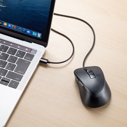 静音有線マウス（Type-C・ブルーLED・5ボタン・DPI切替・ボタン割付対応・iPhone15・iPhone15plus・ブラック） MA-BLC156BK サンワサプライ