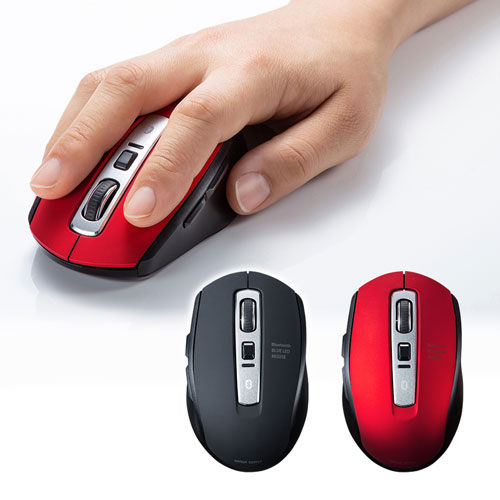 ワイヤレスマウス(Bluetooth・電池式・おすすめ・おしゃれ・人気・ブルーLED・5ボタン・DPI切替・ラバー塗装・中型・レッド) MA-BTBL162R サンワサプライ |通販ならイーサプライ