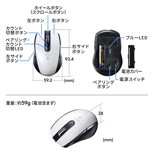 Bluetoothマウス(無線・Bluetooth4.0・ブルーLED・5ボタン・DPI切替・左右対称・電池式・小型・ボタン割付対応・iPadOS対応・iOS14対応・ホワイト・サンワサプライ)