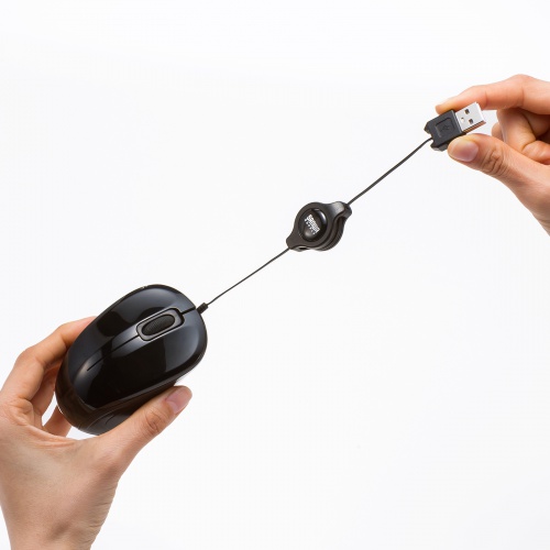 抗菌 巻取り式マウス（静音・有線・ブルーLED・3ボタン・USB A接続・ブラック）MA-MBSK315BK