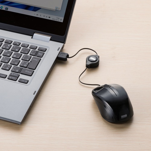 抗菌 巻取り式マウス（静音・有線・ブルーLED・3ボタン・USB A接続・ブラック）MA-MBSK315BK