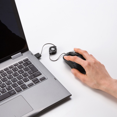 抗菌 巻取り式マウス（静音・有線・ブルーLED・3ボタン・USB A接続・ブラック）MA-MBSK315BK