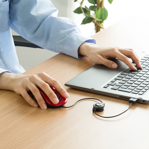 抗菌 巻取り式マウス（静音・有線・ブルーLED・3ボタン・USB A接続・レッド）