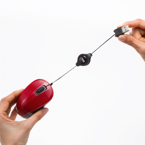 抗菌 巻取り式マウス（静音・有線・ブルーLED・3ボタン・USB A接続・レッド）