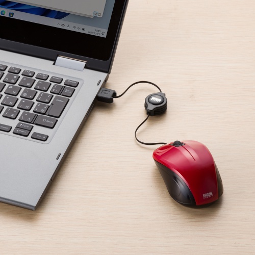 抗菌 巻取り式マウス（静音・有線・ブルーLED・3ボタン・USB A接続・レッド）