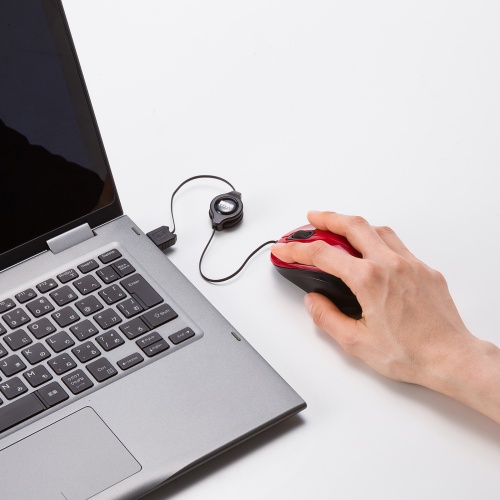 抗菌 巻取り式マウス（静音・有線・ブルーLED・3ボタン・USB A接続・レッド）