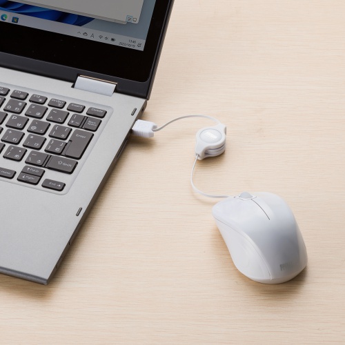 抗菌 巻取り式マウス（静音・有線・ブルーLED・3ボタン・USB A接続・ホワイト）MA-MBSK315W