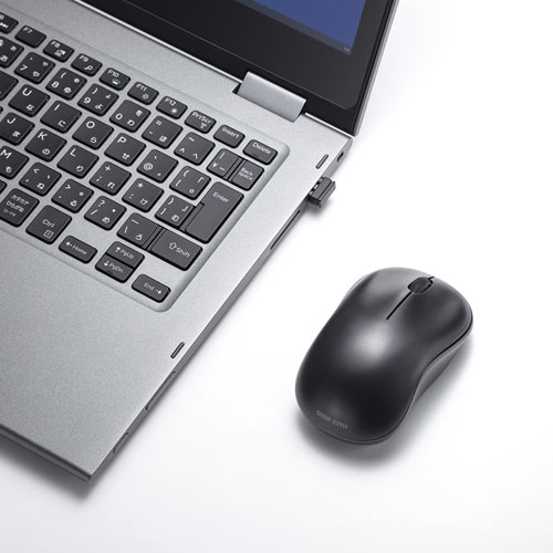 ワイヤレスブルーLEDマウス（左右対称・スタンダードタイプ・2.4GHzワイヤレス・単三乾電池・3ボタン・ブラック）